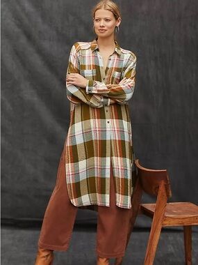 Anthropologie Pilcro Side Slit Plaid Midi Tunic Button Down Shirt Size XL